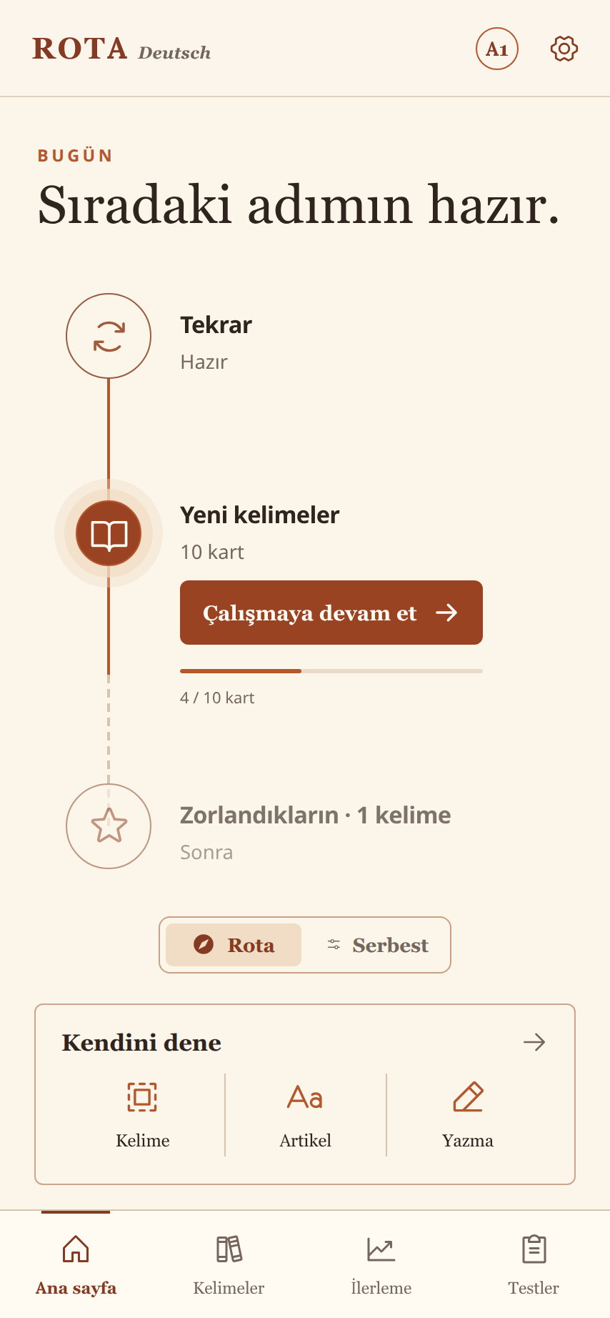 ROTA Recall MVP home screen showing a German vocabulary learning path
